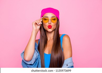 Close up photo portrait of winsome pretty cute lovely sweet glad nice lady sending kiss to you wearing orange transparent glasses closed eyes isolated pastel background
