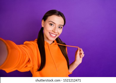 Close Up Photo Of Positive Cheerful Youth Girl Blogger Have Online Stream From Weekends Holidays Make Selfie  Wear Hipster Teen Outfit Isolated Over Violet Purple Bright Color Background