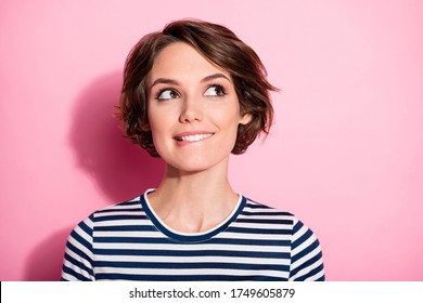 Close up photo of positive interested girl wait holiday bite lips look copyspace think thoughts expect what present she get wear stylish trend clothes isolated over pastel color background