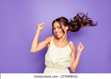 Close up photo of pretty attractive optimistic lovely she her lady raising fists hands up having free freedom inspiration isolated violet background