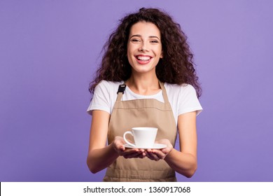 Close up photo pretty beautiful her she lady cafeteria hands arms glass cup hot beverage look invite propose guests rest relax laugh wear casual white t-shirt apron isolated violet purple background - Powered by Shutterstock