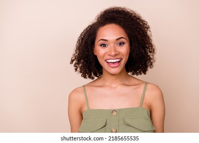 Close Up Photo Of Pretty Good Looking Positive Girl Nice Haircut Coiffure Shiny Smile Empty Space Isolated On Beige Color Background