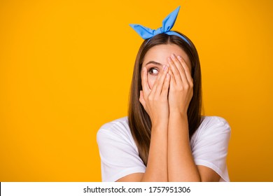 Close Up Photo Of Scared Frustrated Girl Hide Palms Face Look Copyspace Feel Fear About Her Mistake Wear Trend Pop Shine Clothes Isolated Over Bright Shine Color Background