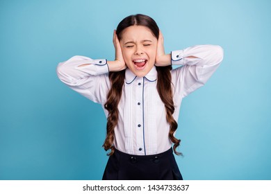 Close Up Photo Of School Lady Eyes Closed Hands Hide Ears Noisy Classroom Classmates Wear White Shirt Isolated Blue Background