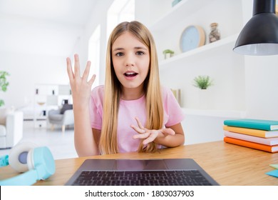 Close Up Photo Of Serious Kid Girl Sit Comfort Cozy Table Study Remote Use Laptop Have Online Video Call Lesson Class Talk Speak In House Indoors