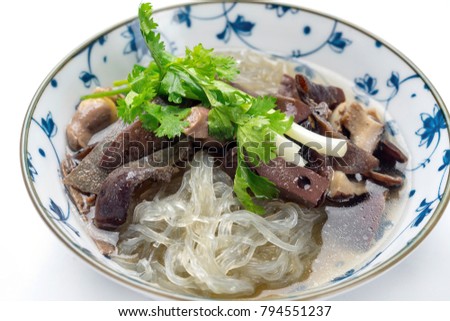 Close up photo for soya noodles soup with chickencoop.
Vietnamese traditional food 