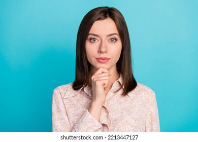 Close Up Photo Of Stunning Young Girl Arm Touch Chin Create Start Up Plan Wear Trendy Smart Casual Look Isolated On Cyan Color Background