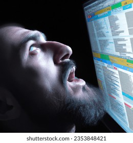 Close up photo of tired man working with excel and imagine a web system