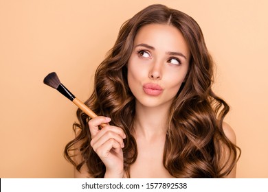 Close Up Photo Of Uncertain Unsure Girl Hesitate Hold Blush Blusher Dont Know Apply Powder Rouge  To Make Visage Ideal  Isolated Over Pastel Color Background