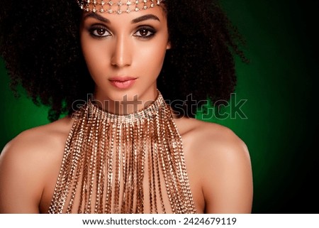 Close up photo of wealthy middle easter lady queen in diamond costume have royal coronation ceremony