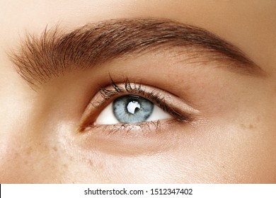 Close Up Photo Of Woman Blue Eye With Beautiful Natural Eyebrow Looking Up. Cropped View Of Human Body Part.,vision Correction 