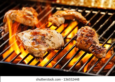 Close Up Photograph Of Chicken Pieces On The Barbecue