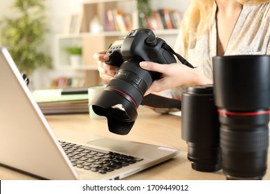 Close Up Of Photographer Woman Hands With Laptop Checking Dslr Camera On A Desk At Home