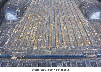 Close Up Of  Pickup Truck  (tray)- The Tailgate Of A Blue Battered Eighties Pickup Truck In Rear.