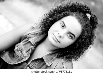 Close Up Picture Of Beautiful Biracial African American Black Tween Girl Outdoor At Nature Park In The Summer