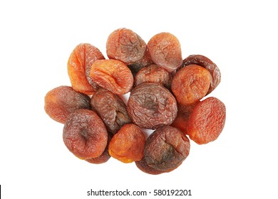 Close up picture of dried organic apricots isolated on white background.
