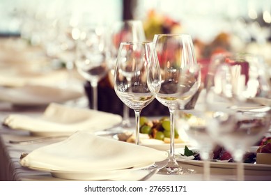 Close up picture of empty glasses in restaurant. Selective focus.