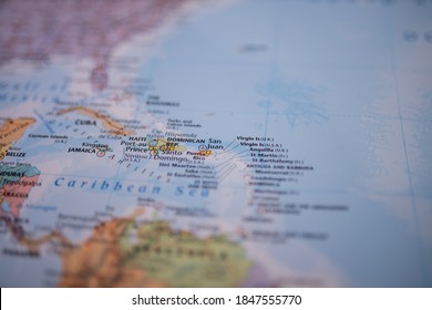 Close Up Picture Focused On The Dominican Republic On A Colorful Map Of The Lucayan Archipelago With Its Main Routes Marked In Red And With The Rest Of The Countries And Islands Blurred Out