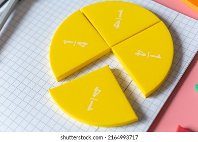 Close up of a pie chart,  mathematical fractions on a open notebook. Education, back to school concept. Creative math study