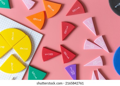Close up of a pie chart, mathematical fractions on a open notebook. Education, back to school concept. Creative math study