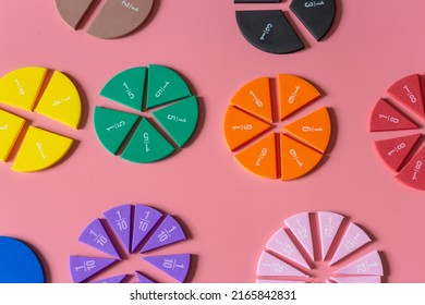 Close up of a pie chart, mathematical fractions on a open notebook. Education, back to school concept. Creative math study