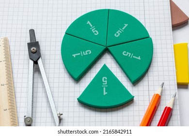 Close up of a pie chart, mathematical fractions on a open notebook. Education, back to school concept. Creative math study