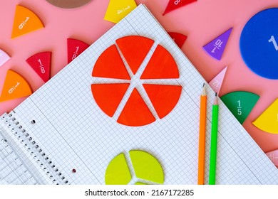 Close up of a pie chart, mathematical fractions on a open notebook. Education, back to school concept. Creative math study