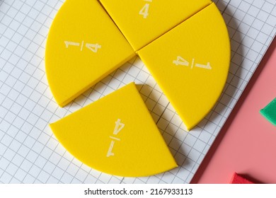 Close up of a pie chart,  mathematical fractions on a open notebook. Education, back to school concept. Creative math study