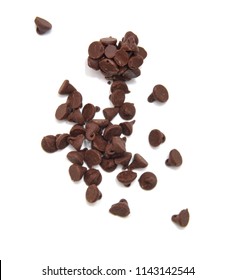 Close Up Pile Of Chocolate Morsels On White Background