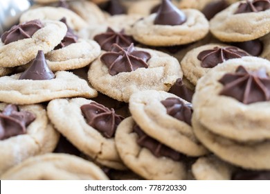 Close Up Of A Pile Of Peanut Butter Chocolate Star Kisses Cookies For The Holidays