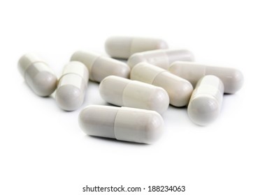close up of pills capsule isolated on white background 