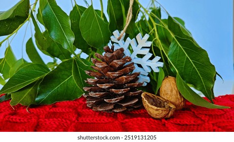 close up of pine cone, whole walnuts and walnut shell, white wooden snowflake decoration, green leaves, foliage on red knitted surface, blue background, elegant composition, autumn feel - Powered by Shutterstock