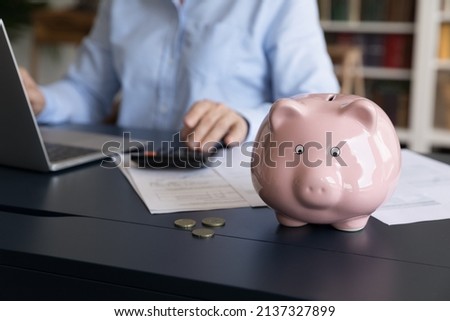 Close up pink piggy bank on desk with older woman use computer and calculator on background. Accountancy job, planning investment, manage finances, make payments online, economy, save money concept