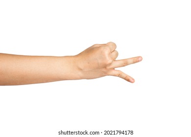 Close Up Of Pinky And Ring Finger Up With White Background. Asian Man's Hand. Right Hand.