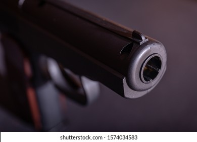 Close Up Of Pistol On Black Background. Close Up Photos Of Handgun Vintage Pistol Firearm.