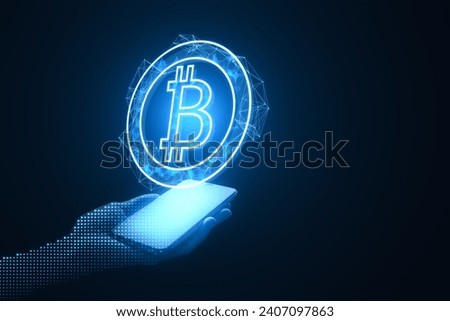 Close up of pixel hand holding smartphone with abstract bitcoin hologram on blue background. Cryptocurrency and finance concept