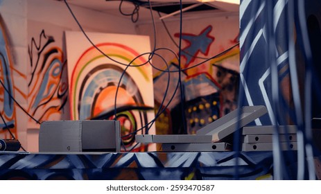 Close up of pizza boxes leftover by guerilla artists in building with graffiti drawings sprayed on walls. Thrown objects in desolate defaced location used by teens to do art, concept of urban culture