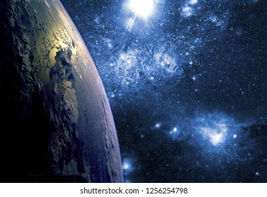 Close Up Planet Earth Biosphere In Space With Stars And Galaxy On Background. Elements Of This Image Furnished By NASA.