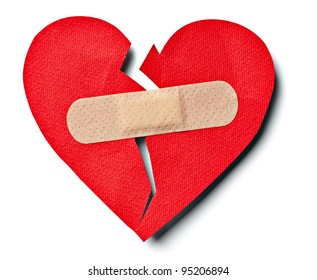 close up of  a plaster and  paper broken heart on white background with clipping path