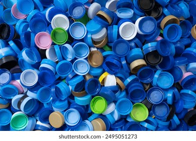 close up plastic bottles caps for recycling to conserve the environment, recycling, reuse, garbage disposal, save the world concpet