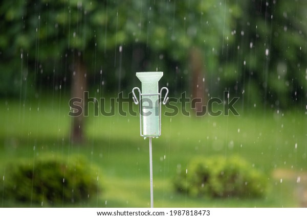 Close up of plastic rain gauge on rainstorm in\
garden in summertime