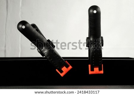 close up of plastic spring clamp