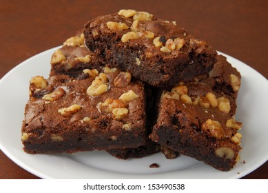 Close Up Of A Plate Of Fudge Nut Brownies