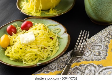 Close Up Of Plate With Roasted Spaghetti Squash.