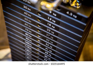 Close up plates stacked of weight machine with kilogram and pound number at fitness gym