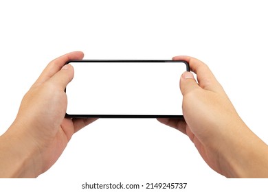 Close Up Point Of View Male Holding Phone On White Blank Screen For Montage Mockup Display Device.