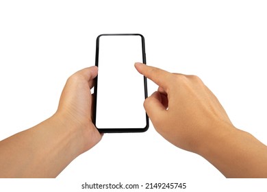 Close Up Point Of View Male Holding Phone On White Blank Screen For Montage Mockup Display Device.