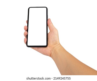 Close Up Point Of View Male Holding Phone On White Blank Screen For Montage Mockup Display Device.