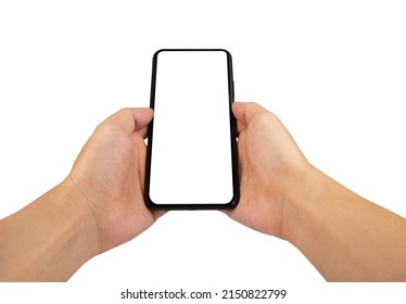 Close Up Point Of View Male Holding Phone On White Blank Screen For Montage Mockup Display Device.