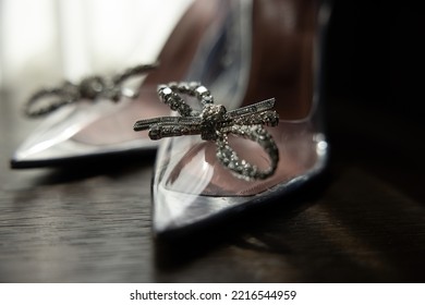 Close Up Of Pointy Designer Clear Formal High Heels